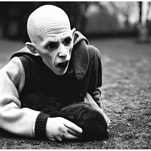 Image similar to portrait of nosferatu playing with his kid at the kindergarden, realistic detailed photography, 5 0 mm lens