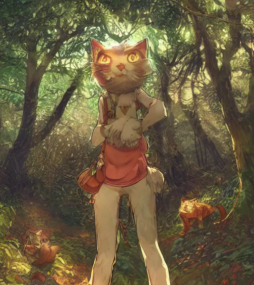 Image similar to character portrait of the anthro anthropomorphic cat head animal person fursona standing in the bright forest, hidari, color page, tankoban, 4 k, tone mapping, akihiko yoshida