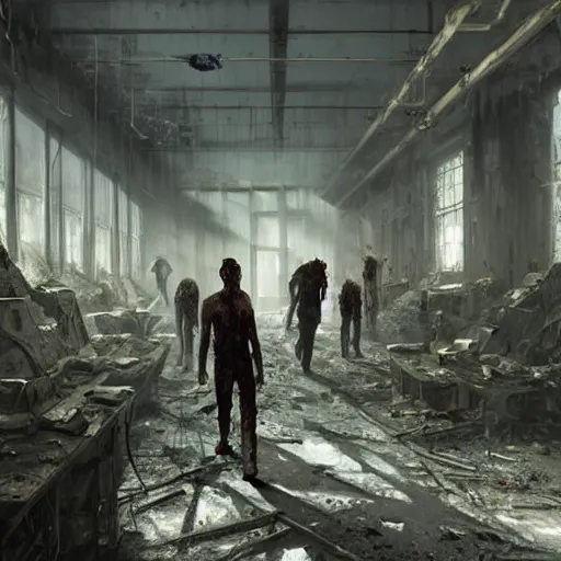 Prompt: zombies walking inside an abandoned laboratory, Matte painting , detailed painting, greg rutkowski
