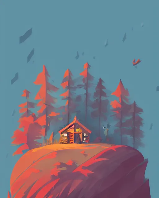 Prompt: autumn hill cabin man illustration by anton fadeev