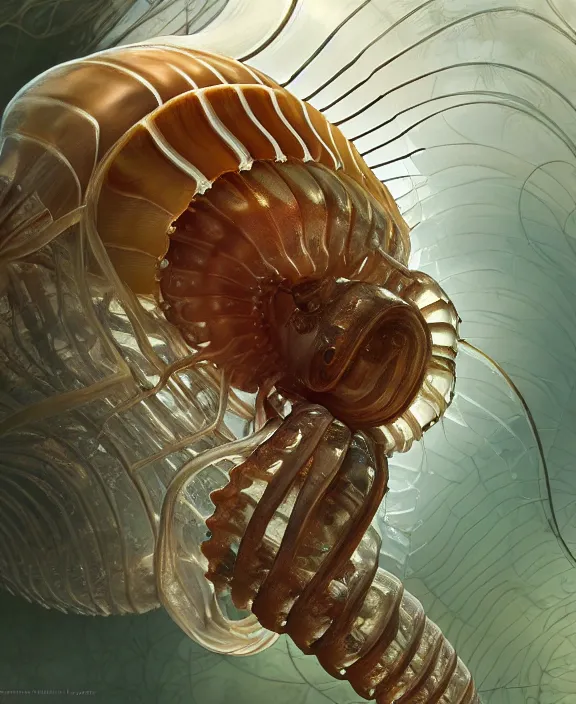 Prompt: intricate opulent transparent clear see - through portrait of a horrific beautiful male human isopod nautilus, mottled coloring, adorable, childlike, overgrown biopunk jungle environment, ultra realistic, concept art, art nouveau, photorealistic, octane render, 8 k, unreal engine. art by christopher marley and artgerm and greg rutkowski and alphonse mucha