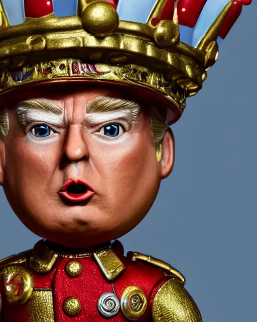 Image similar to highly detailed closeup, face profile portrait of a tin toy donald trump as a fairytale king hemry the eighth wearing a crown and eating cakes, depth of field, nicoletta ceccoli, mark ryden, lostfish, max fleischer, breathtaking, detailed and intricate environment, 8 k resolution, hyperrealistic, octane render