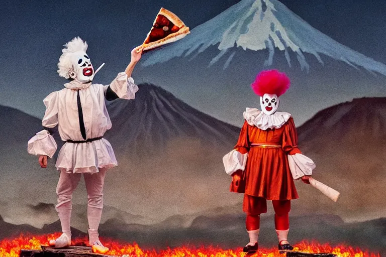 Image similar to pennywise as pulcinella!!! holding a pizza! with vesuvius in the background, glowing pools of lava, cloudy sky, an ultrafine detailed painting by joe fenton, full body, wide angle, post - apocalyptic feel, big depth of field, 3 d octane render, 4 k, perfect symmetrical face, masterpiece, hyperrealistic, trending on deviantart