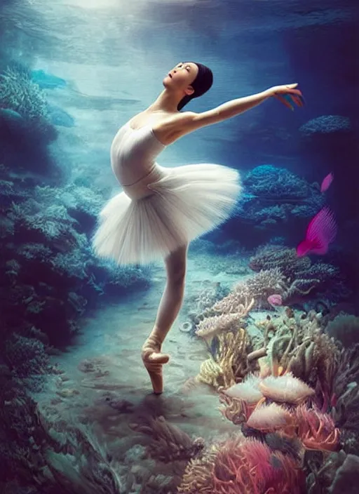 Image similar to stunningly beautiful, asian prima ballerina at the bottom of the great barrier reef, smooth, focus, highly detailed, hyper realistic, dramatic lighting, intricate, concept art, art by wlop, mars ravelo