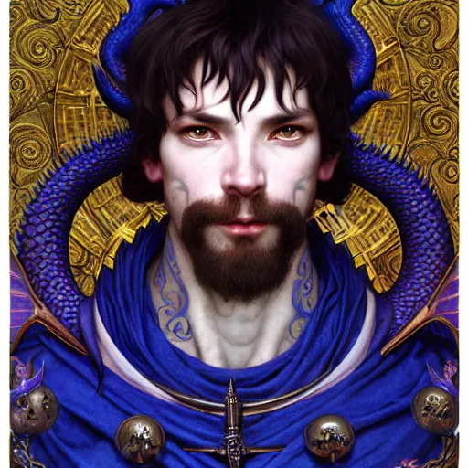 Image similar to half length portrait of a medieval fantasy anthropomorphic male blue dragon with electrcity magic, fantasy, d & d, high details, art by ( ( ( kuvshinov ilya ) ) ) and wayne barlowe and gustav klimt and artgerm and wlop and william - adolphe bouguereau