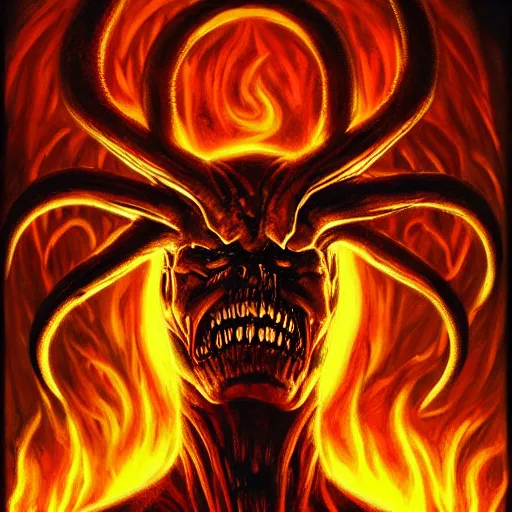 Prompt: giger elden ring doom demon portrait with humanoid face, fire and flame, Pixar style.