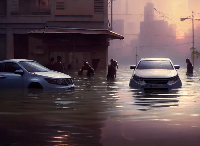 Image similar to a car driving through shallow water, flooded city, people walking through shallow water, muted colors, hyperrealistic, oil painting, intricate, cgsociety, artstation, 8 k, cinematic, soft lighting, by greg rutkowski, by wlop, by artgerm