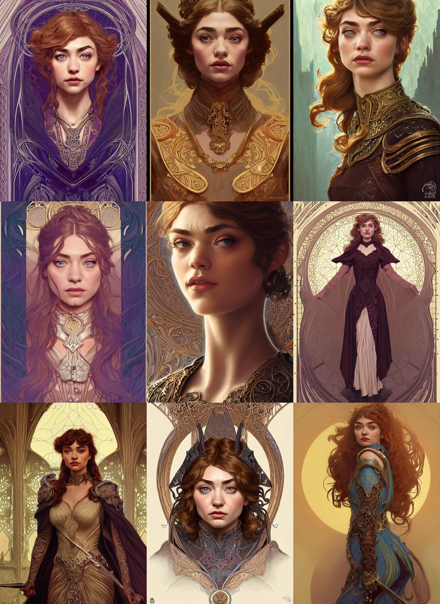 Prompt: centered portrait, Imogen Poots as a D&D paladin, Art Nouveau, beautiful retro Fantasy heroine 1985, intricate, elegant, highly detailed, centered, digital painting, trending on artstation, concept art, smooth, sharp focus, illustration, art by raphael lacoste, eddie mendoza, Mucha, alex ross, WLOP