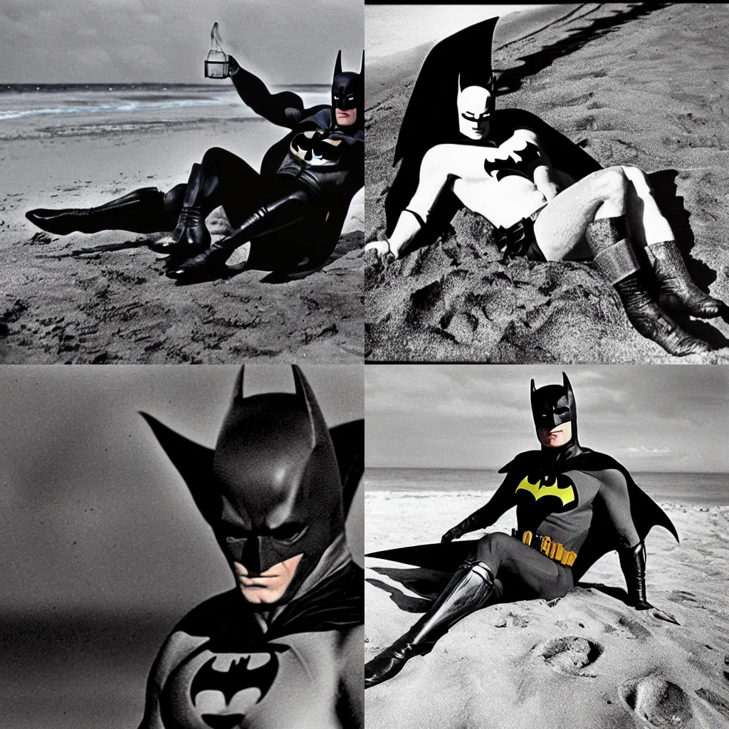 Prompt: a retro photograph of Batman relaxing on a beach