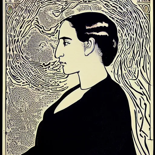 Prompt: portrait of a beautiful young lady with silver eyes, colored woodcut, poster art, by Mackintosh, art noveau, by Ernst Haeckel