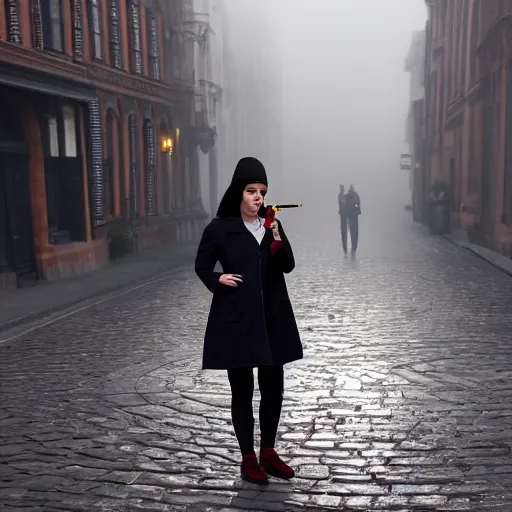 Image similar to A smirking woman in a dark coat lights a cigarette with an ornate gold lighter. She stands in a cobblestone street. The sky is a hazy gray, and her hair resembles a burnished halo. Her eyes are lined with blue kohl that glistens in the light, and her lips are painted red. A chill wind sweeps down the street.