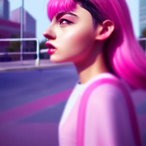 Image similar to selfie of a young woman, winged eyeliner, pastel clothing, urban environment, depth of field, octane render, digital painting, trending on artstation