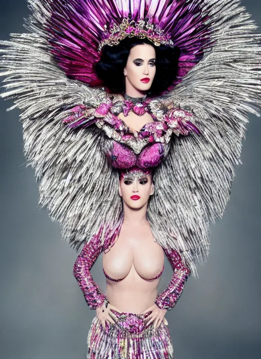 Image similar to katy perry styled by nick knight posing, full body shot, intricate headpiece, vogue magazine, canon, highly realistic. high resolution. highly detailed. dramatic. 8 k. 4 k.