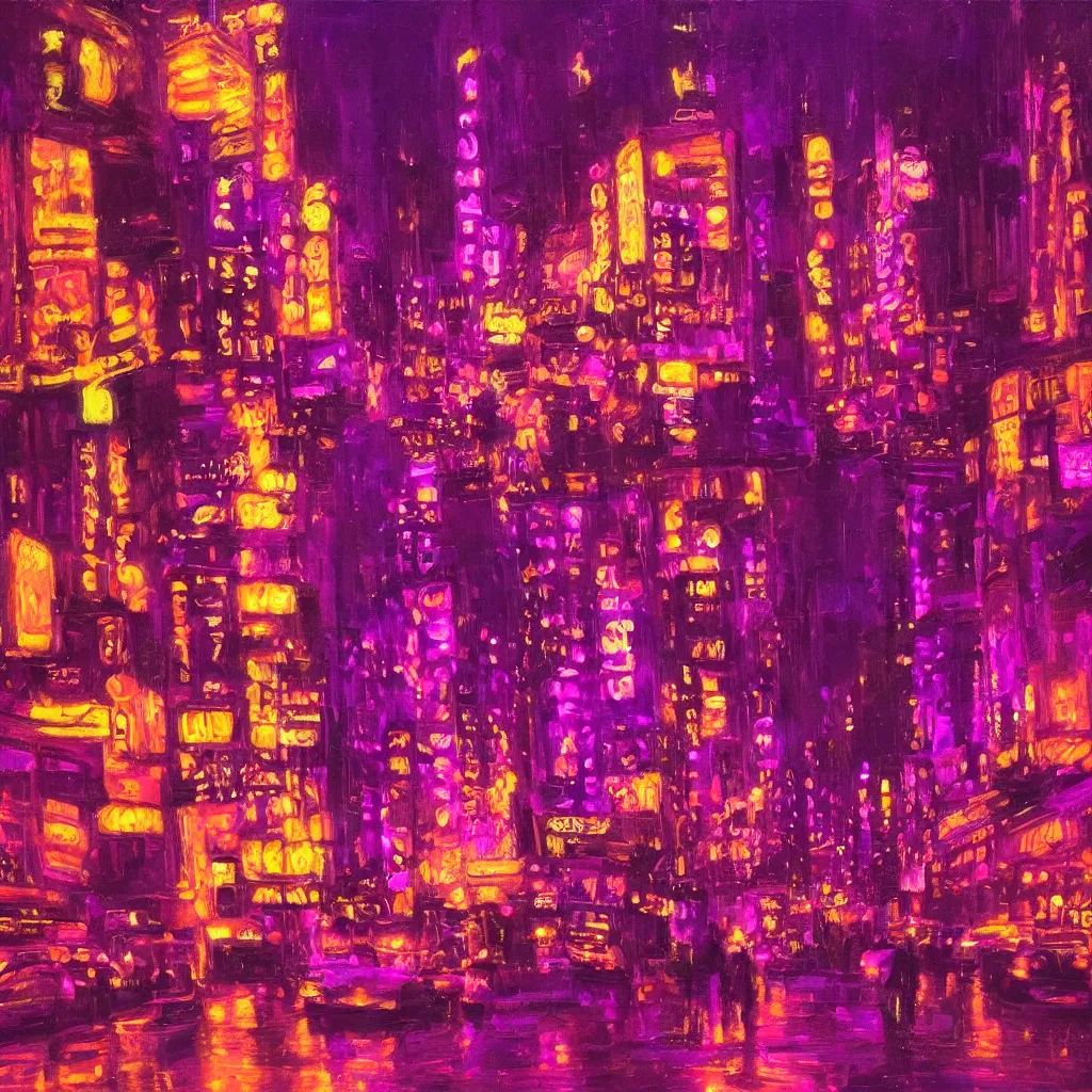 Prompt: a neon cityscape of purple in the style of delphin enjolras. night life. seedy. intricate. highly detailed.