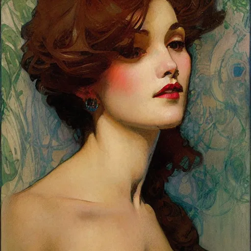 Prompt: intricately detailed portrait of a beautiful woman by gil elvgen, greg manchess, mucha