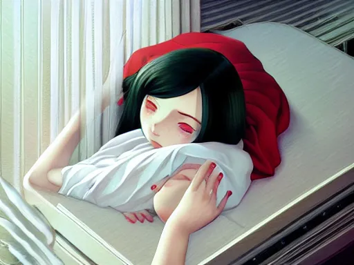 Image similar to room with an little girl with an long black hair dressed in a simple white dress sleeping, anime art style, digital art ilya kuvshinov, inspired by balthus, hd, 4 k, hyper detailed, dark, anatomically correct, angelic face