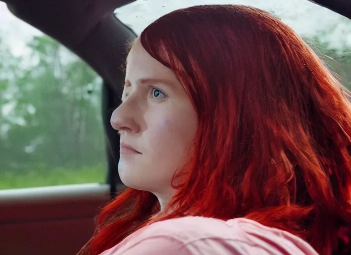 Image similar to A very high resolution image from a new movie, inside of a car, teen red hair woman, raining, hot, directed by wes anderson