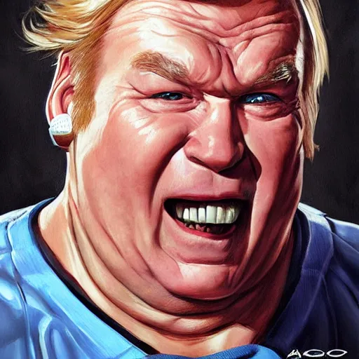 Prompt: john madden eating a football, high quality by artgerm, video game cover