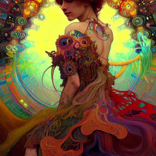 Image similar to An extremely colorful psychedelic experience, reality bending, magic mushrooms, psilocybin, LSD, face, detailed, intricate, elegant, highly detailed, digital painting, artstation, concept art, smooth, sharp focus, illustration, art by Krenz Cushart and Artem Demura and alphonse mucha