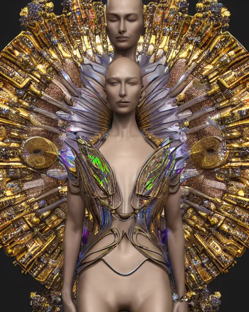 Image similar to a highly detailed metahuman 4 k close up render of an alien goddess bella hadid monument seraphim in iris van herpen dress schiaparelli in diamonds crystals swarovski and jewelry iridescent in style of alphonse mucha gustav klimt trending on artstation made in unreal engine 4