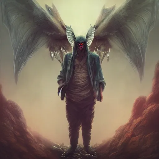 Image similar to scary , epic , Post-processing , low angle , Greg rutkowski legendary matte painting , masterpiece , 8K centered headshot Portrait of a psychedelic godlike mothman posing with a cigar with giant mandala wings smoking a hand-rolled cigarette smoking heavily , magic mushroom village in background , post-processing , award winning. superb resolution. in the art style of Satoshi Kon and Greg Rutkowski , Detailed Mushroom city in background , Hyper realistic anime , Perfect art , Dalle2