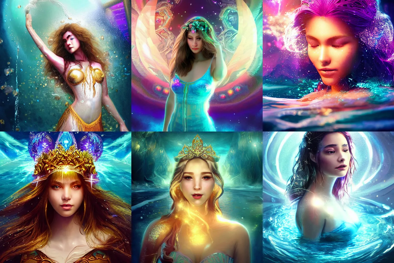 Prompt: a beautiful female human god of life character, character is in all its glory, character is centered on the image, character is drowning in the water, rim lights, highly detailed professional photo, dynamic lights, particles and crystals are flying, very deep depth of field, trending on artstation, illustration, hyper realistic, vray caustics, super detailed, colorful accents, cinematic shot