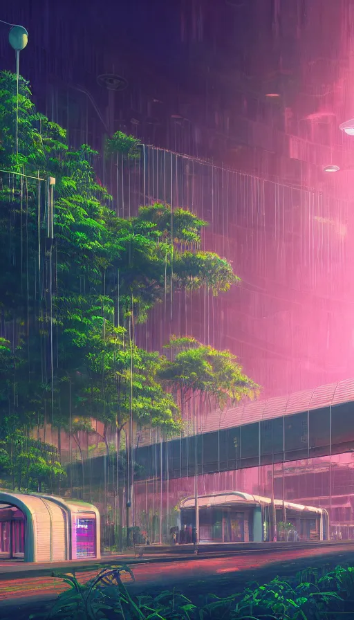 Prompt: a beautiful photorealistic painting of building metro station by john william casilear, gem retrowave meadow vaporwave bladerunner 2 0 4 9 sunset saturn junglepunk reclaimed by nature rainforest landscape poppy darkacademia synthwave, archdaily, wallpaper, highly detailed, trending on artstation.