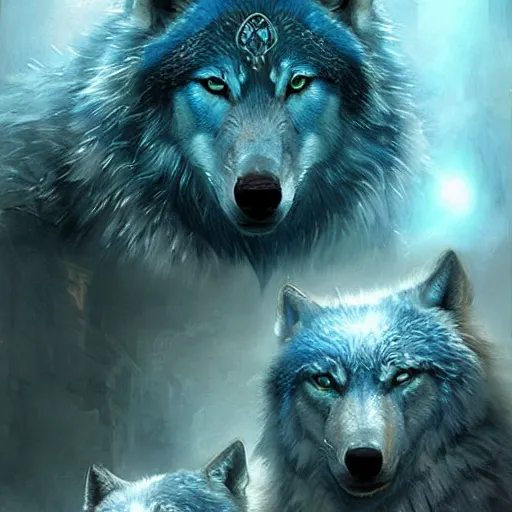 Image similar to a pack of large blue wolves with intricate glowing symbols on their fur. fantasy art cinematic. detailed masterpiece. realistic. photo realism. cgsociety. by krenz cushart. ruan jia. jarold sng.