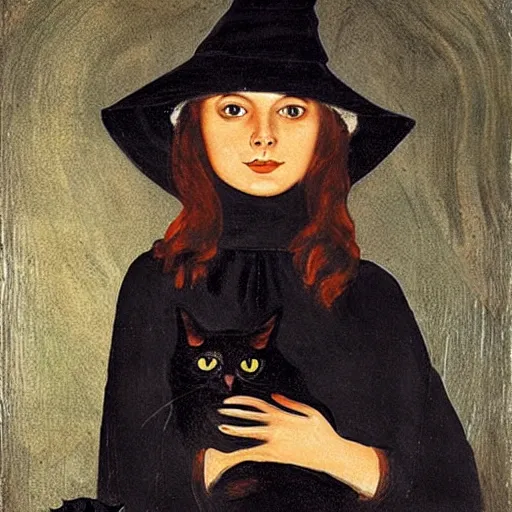 Prompt: a young witch holding a black cat by fontana, lavinia