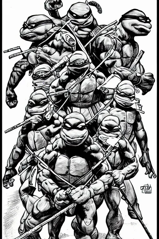 Image similar to jodeci as the teenage mutant ninja turtles, full body, pen an ink, comic books style, very detailed, by eric talbot, artstation, pinterest