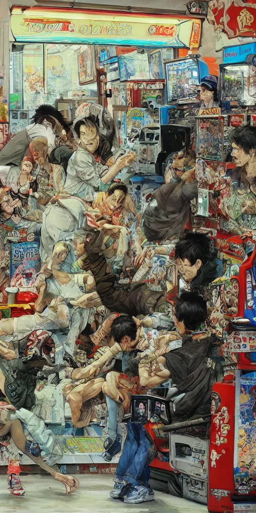 Image similar to oil painting scene from amusement arcade by kim jung gi