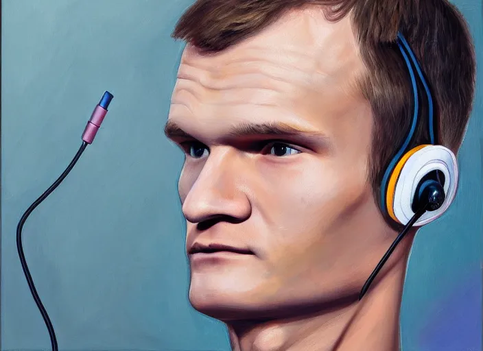 Image similar to vitalik buterin in headphones. vitalik buterin, medium shot, perfect symmetric face, coherent eyes, fine details., 4 k, hans zatska, oil paint