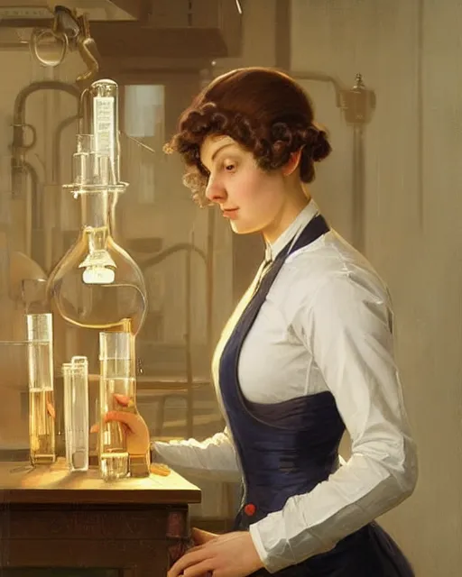 Prompt: a female professor doing experiments in her lab, oil on canvas, artstation, by j. c. leyendecker and edmund blair leighton and charlie bowater, beautiful face, octane, very aesthetic!!!!!!!!!!!!!!!