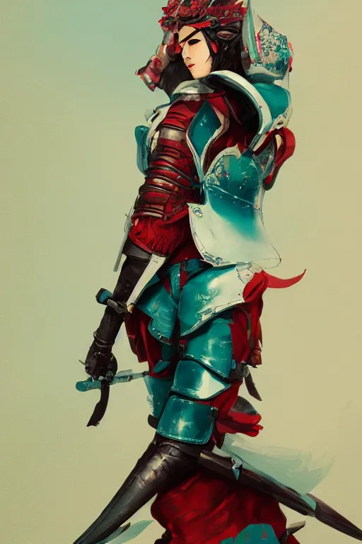 Image similar to female adventurer in tight full - body teal leather armor of japanese design with red accents and a white porcelain crow mask, trending in artstation, japanese, by wlop, establishing shot