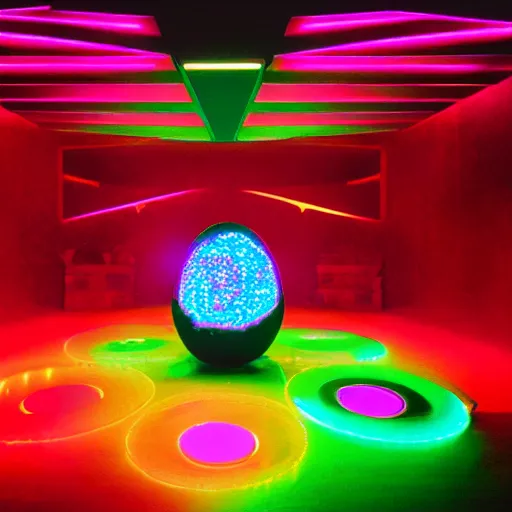 Image similar to portrait of a plasma energy tron dinosaur egg in the shape of a random geometric shape, made up of glowing electric plates and patterns. cinestill