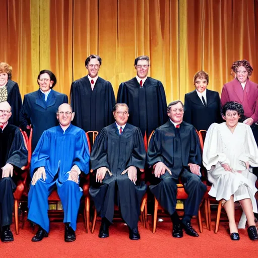 Image similar to 6 Clowns sitting with 3 Justices on the Supreme Court, photorealistic