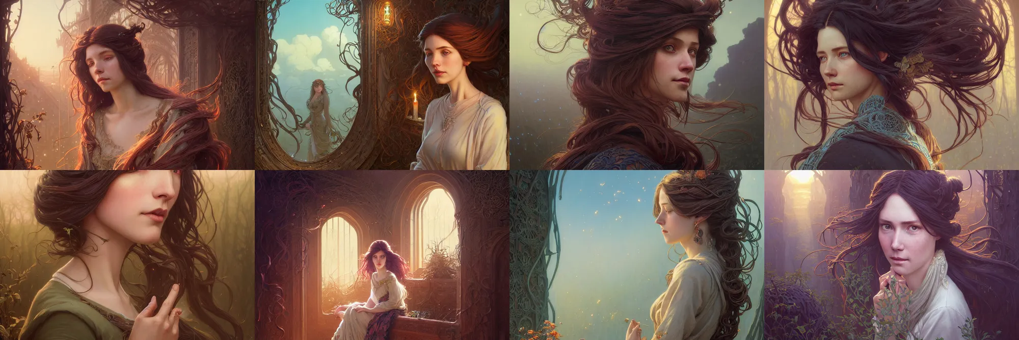 Image similar to highly detailed portrait of a woman with long hairs, stephen bliss, unreal engine, fantasy art by greg rutkowski, art nouveau, loish, rhads, ferdinand knab, makoto shinkai and lois van baarle, ilya kuvshinov, rossdraws, tom bagshaw, alphonse mucha, global illumination, radiant light, detailed and intricate environment