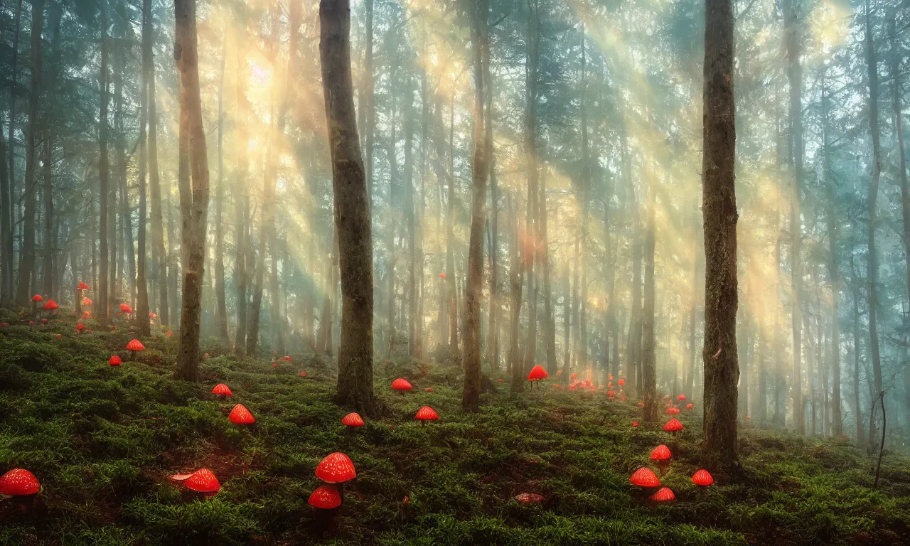 Prompt: misty pine forest floor, mystical, amanita muscaria mushrooms dripping with mist, firefly's swarming, sun shining through the tree canopy, dreamy colors, photorealistic, landscape photography, beautiful, 4 k, trending on artstation, serene, bliss, closeup, macroscopic