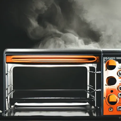 Image similar to toaster oven suspended by lots of metallic cables, symmetry, dark messy smoke - filled cluttered workshop, dark, dramatic lighting, orange tint, sparks, cinematic, highly detailed, sci - fi, futuristic, movie still