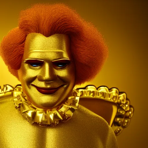 Image similar to A still of Ronald McDonald surrounded by gold and diamonds, Award-winning, photograph, 3d render, unreal engine, 4k detailed