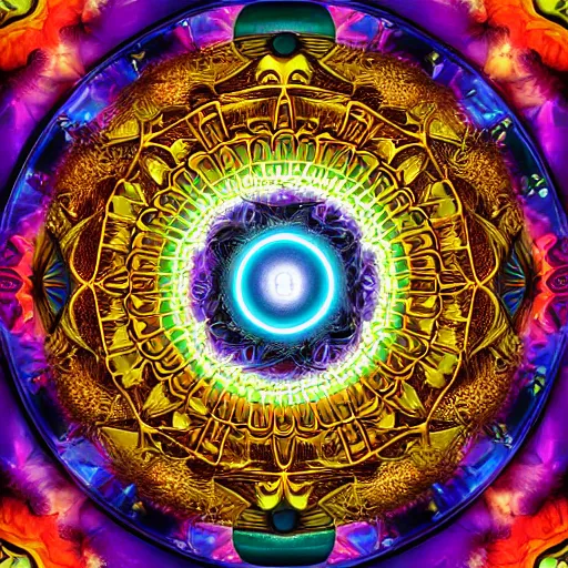 Prompt: rainbowcore, yinyang sign glowing, surrounded by lotus, with the sun shining with the moon, with detailed mandala filled with fractals, de-noise, symmetrical composition, high detailed, super clear, ornate border, 32k immaculate scale, hyper-realistic, Unreal Engine, Octane Render, digital art, trending on Artstation, atmospheric, immaculate