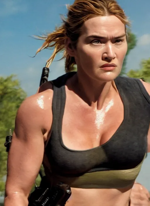 Image similar to a film still of kaye winslet as lara croft, sweat, direct sun light, close up potrait, cinematic,