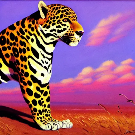 Prompt: graceful jaguar in summer nigt, acid colours, oil paint on canvas, sharp textures, biotechnology, nikolay georgiev, alex ross, bruce pennington, donato giancola, larry elmore, masterpiece, trending on artstation, featured on pixiv, cinematic composition, sharp, details, hyper - detailed, hd, hdr, 4 k, 8 k