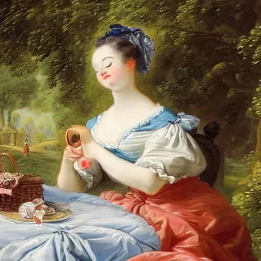 Image similar to a beautiful painting of a woman sipping tea in a park by francois boucher