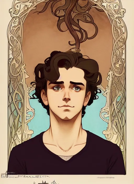 Prompt: art nouveau portrait of a handsome young man with curly light brown hair, brown eyes, serious facial expression, gloomy mood, annoyed, t - shirt, natural lighting, path traced, highly detailed, high quality, cartoon, digital painting, by don bluth and ross tran and studio ghibli and alphonse mucha