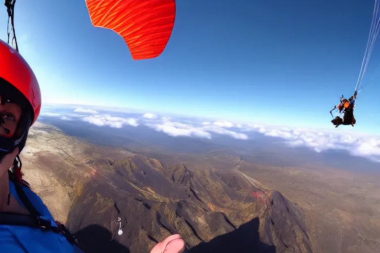 Prompt: Cinematography selfie gopro shot of a woman in a paraglide in Tenerife over the clouds a by Emmanuel Lubezky. Teide. Mar de nubes. Aerial