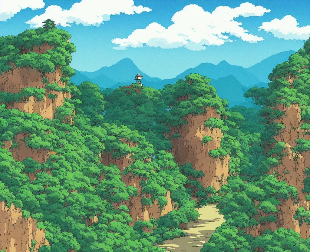 Image similar to a beautiful mountain landscape by studio ghibli