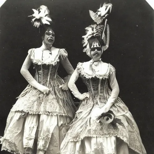 Prompt: carnival performers, eerie, black and white photo, historic, realistic, highly detailed, 1 8 0 0 s