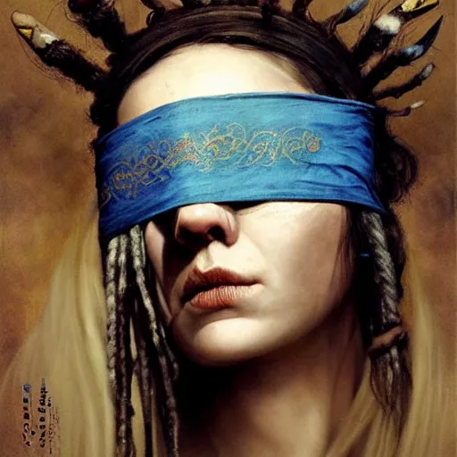 Prompt: A blindfolded shaman woman with a decorated headband, in the style of heilung, blue hair dreadlocks and wood on her head, atmospheric lighting, intricate detail, cgsociety, ambient light, dynamic lighting, art by karol bak