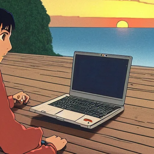 Prompt: guy with black hair using a laptop, tan skin, looking down, sunset, art by hayao miyazaki, studio ghibli film, twitter pfp